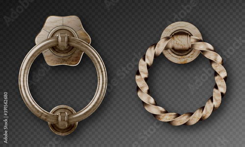 Old door knocker, ancient metal ring handle. Vector realistic set of rusty steel round doorknobs, decorative circle knobs in victorian style isolated on transparent background