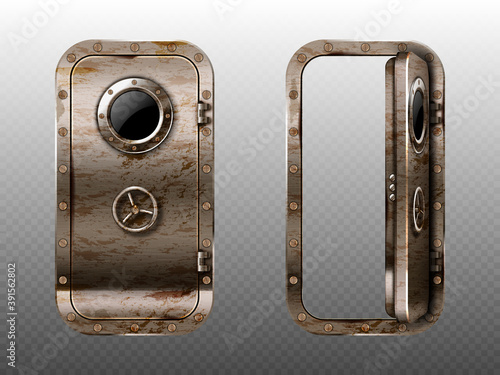 Old metal door with porthole, rusty submarine or bunker close and open entrance. Ship or secret laboratory steel bulletproof doorway with illuminator and rotary valve lock wheel realistic 3d vector