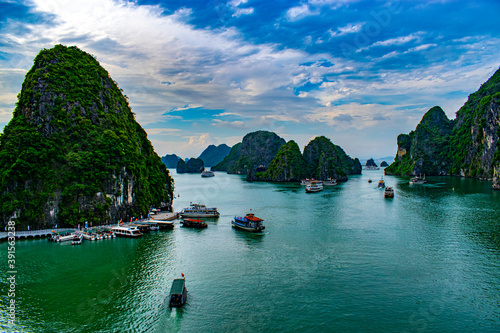 Hilltop view of Ha Long Bay and ocean in Vietnam during the summertime.