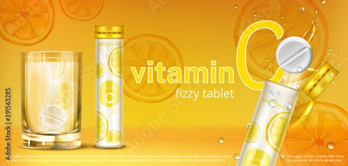 Effervescent soluble tablet with vitamin C in glass of water and container. Vector realistic poster of fizzy pill, dissolving medicine drug with orange flavour. Promo banner, advertising background