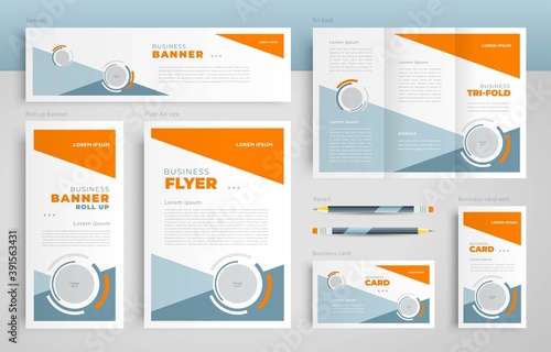 Identity Circles theme abstract geometric Set flyer cover, tri-fold, banner, roll up banner, business card