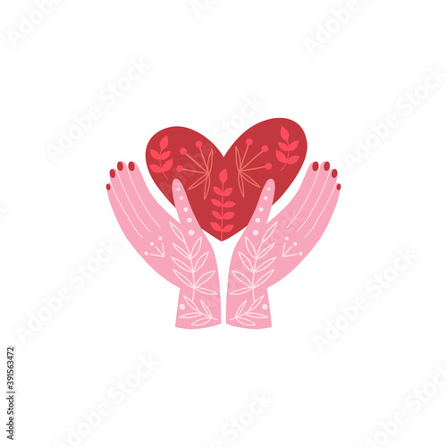 Folk Ornate boho hands palm with  doodle linear floral leafy tattoo keep red heart with ethnic ornament vector clip-art isolated on white for Valentine’s Day love design