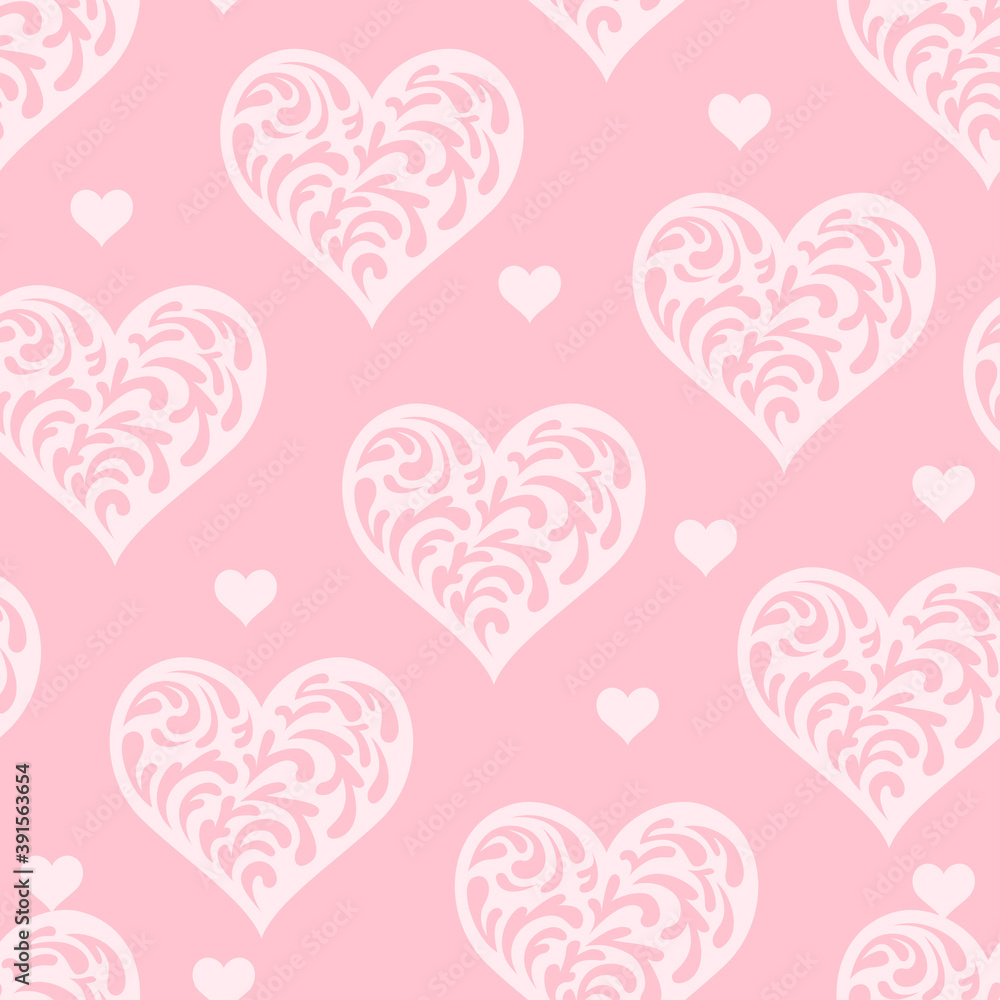 Lacy hearts seamless pattern. Abstract decoration for the holiday. Vector simple flat illustration. Festive pink background for valentine's day.