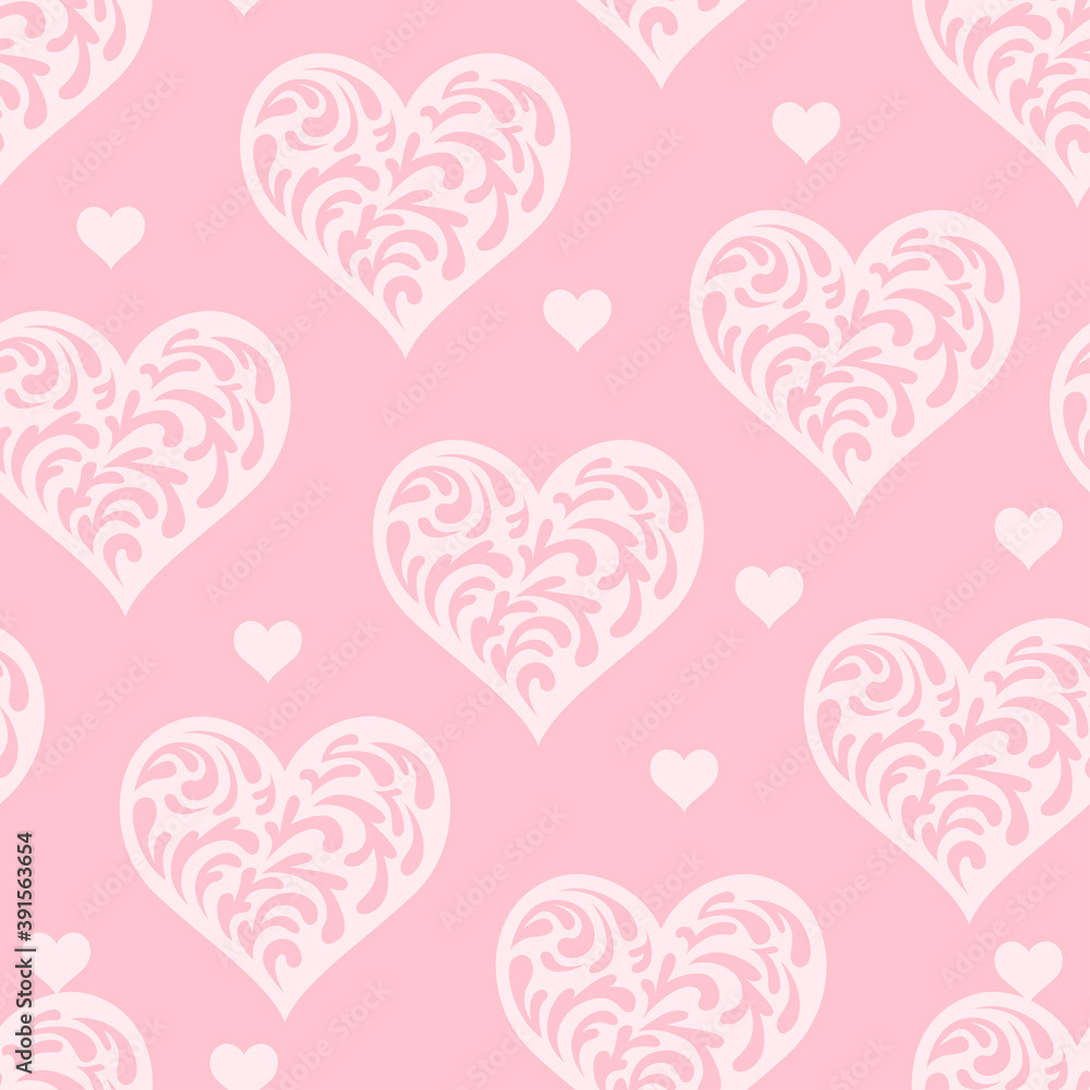 Lacy hearts seamless pattern. Abstract decoration for the holiday. Vector simple flat illustration. Festive pink background for valentine's day. Lacy hearts seamless pattern. Abstract decoration for the holiday. Vector simple flat illustration. Festive pink background for valentine's day.