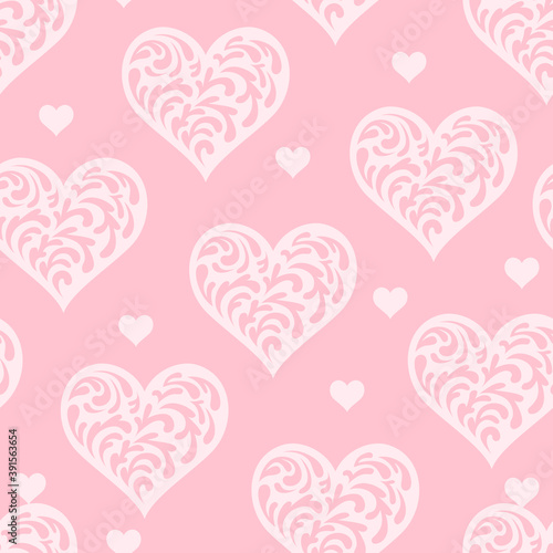 Lacy hearts seamless pattern. Abstract decoration for the holiday. Vector simple flat illustration. Festive pink background for valentine s day.