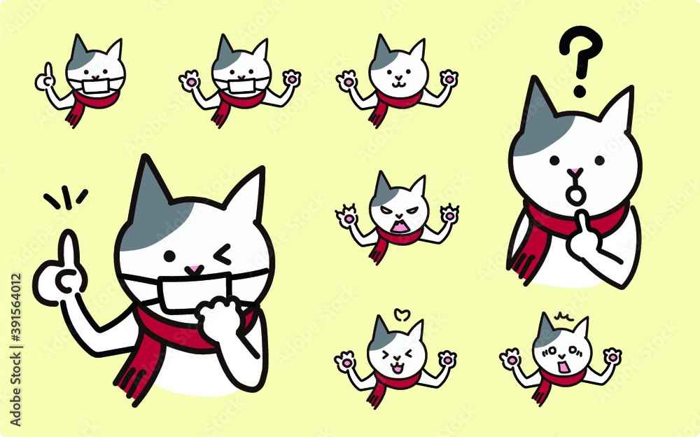 マフラーを巻いたホルスタイン柄の猫の顔セット マフラーを巻いたホルスタイン柄の猫の顔セット