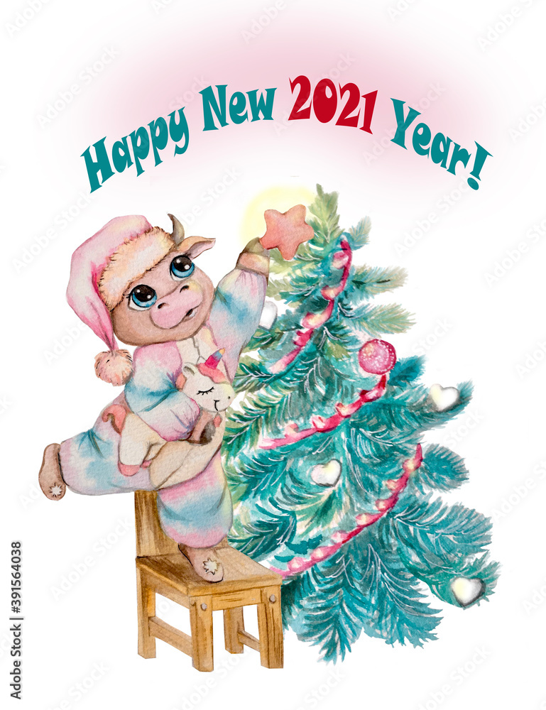 Fototapeta premium Bull 2021 New Year cristmas card