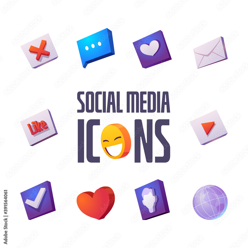 Social media icons cartoon set speech bubble, smile and envelopes with heart, like and cross, check mark, earth globe and user profile for internet, app interface or web site isolated vector signs
