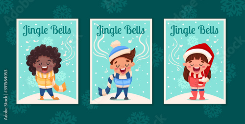 Set of three Merry Christmas greeting cards with cute cartoon children singing carols Jingle Bells song in vintage style. Xmas Singers. Vector flat illustration