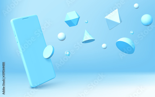 Fototapeta Naklejka Na Ścianę i Meble -  Abstract background with realistic smartphone mockup and geometric 3d shapes scatter on blue backdrop. Hemisphere, octahedron, sphere, cone, cylinder and icosahedron with vector mobile phone rendering