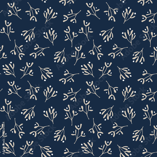 Elegant hand drawn Christmas seamless pattern with golden mistletoe and dark blue background. Winter design for textile, wrapping paper or scarpbooking. Tile vector illustration background.