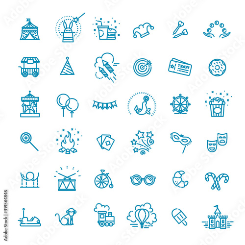 Amusement park sings set. Thin line art icons. Linear style.