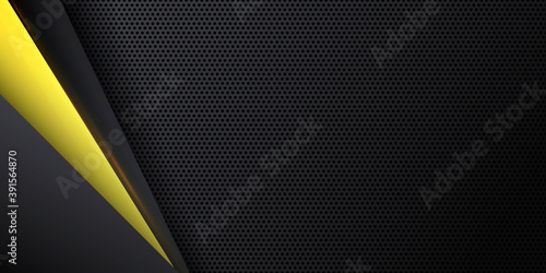 Futuristic perforated technology abstract background with yellow neon glowing lines. Vector banner design