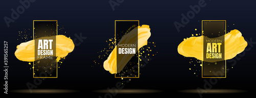Vector illustration. Background for text. Grunge banners set. Golden paint. Brush ink stroke. Isolated black frame. Element for design poster, cover, invitation, gift card, flyer, social media