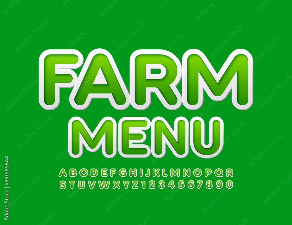 Vector bright Emblem Farm Menu. Sticker creative Font. Modern Alphabet Letters and Numbers Vector bright Emblem Farm Menu. Sticker creative Font. Modern Alphabet Letters and Numbers