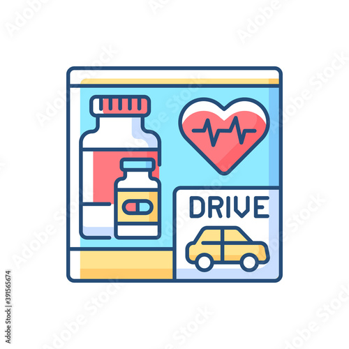 Drive through pharmacy RGB color icon. Express drugstore. Medication store with transport lane. Car near medical shop. Medical assistance. First aid support. Isolated vector illustration