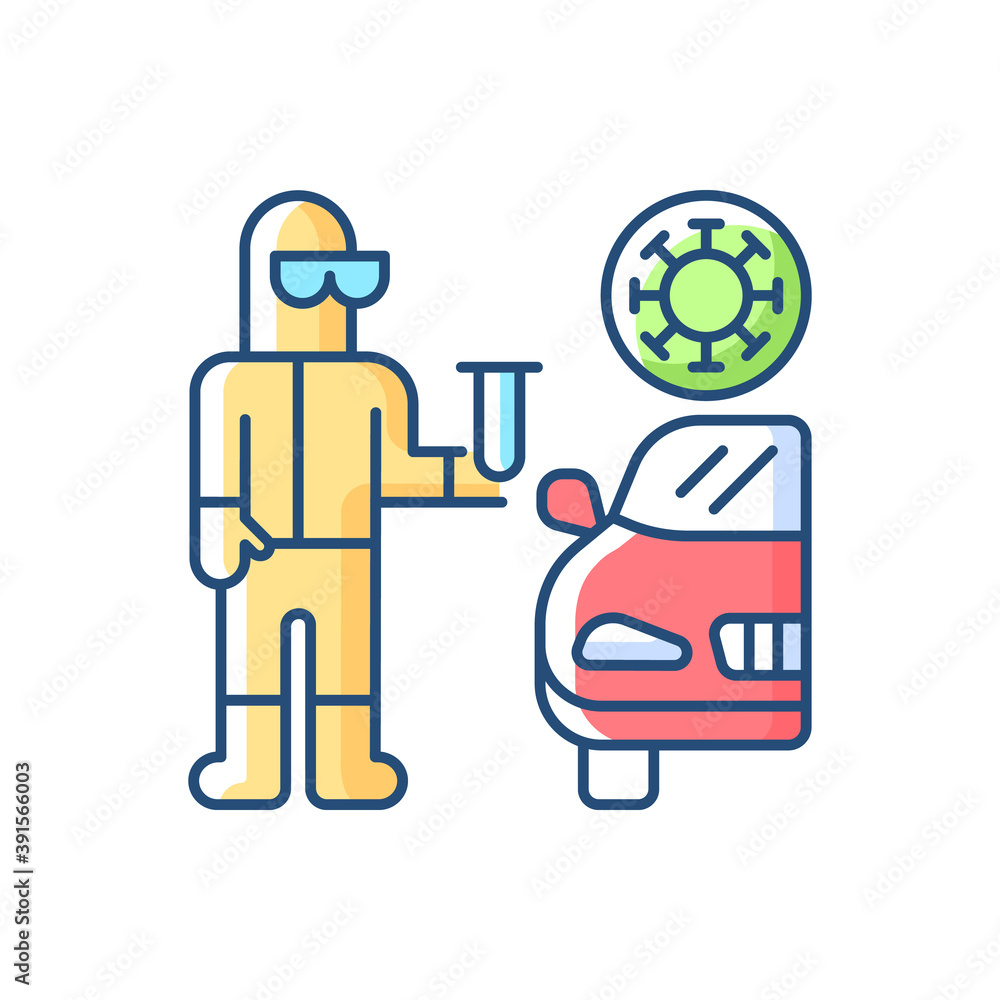 Drive through covid testing RGB color icon. Check for coronavirus. Pandemic precaution. Quarantine health checkup. Sanitize for virus. Healthcare during outbreak. Isolated vector illustration