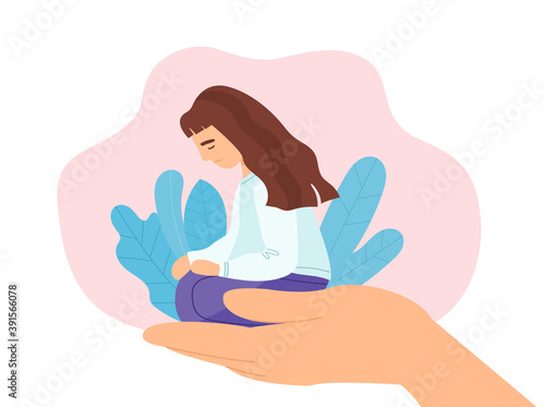 Abstract concept of psychiatry and psychological care. Stressed and depressed girl sitting in an open palm in need of empathy and support. Flat cartoon vector illustration with fictional character
