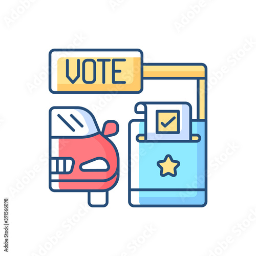 Drive through voting booth RGB color icon. Express election service. Polling station. Driver voter in car. Transport lane. American democracy. Politics service. Isolated vector illustration