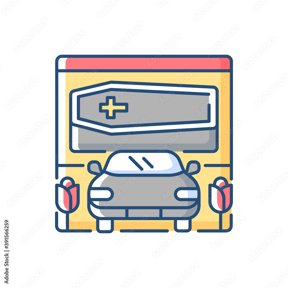 Drive through funeral home RGB color icon. Bury coffin. Ritual transportation. Memorial ceremony on cemetery. Rest in peace. Mourning for deceased. Car for service. Isolated vector illustration