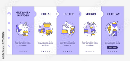 Dairy products onboarding vector template. Organic milk based food. Farm manufacture. Fresh groceries. Responsive mobile website with icons. Webpage walkthrough step screens. RGB color concept