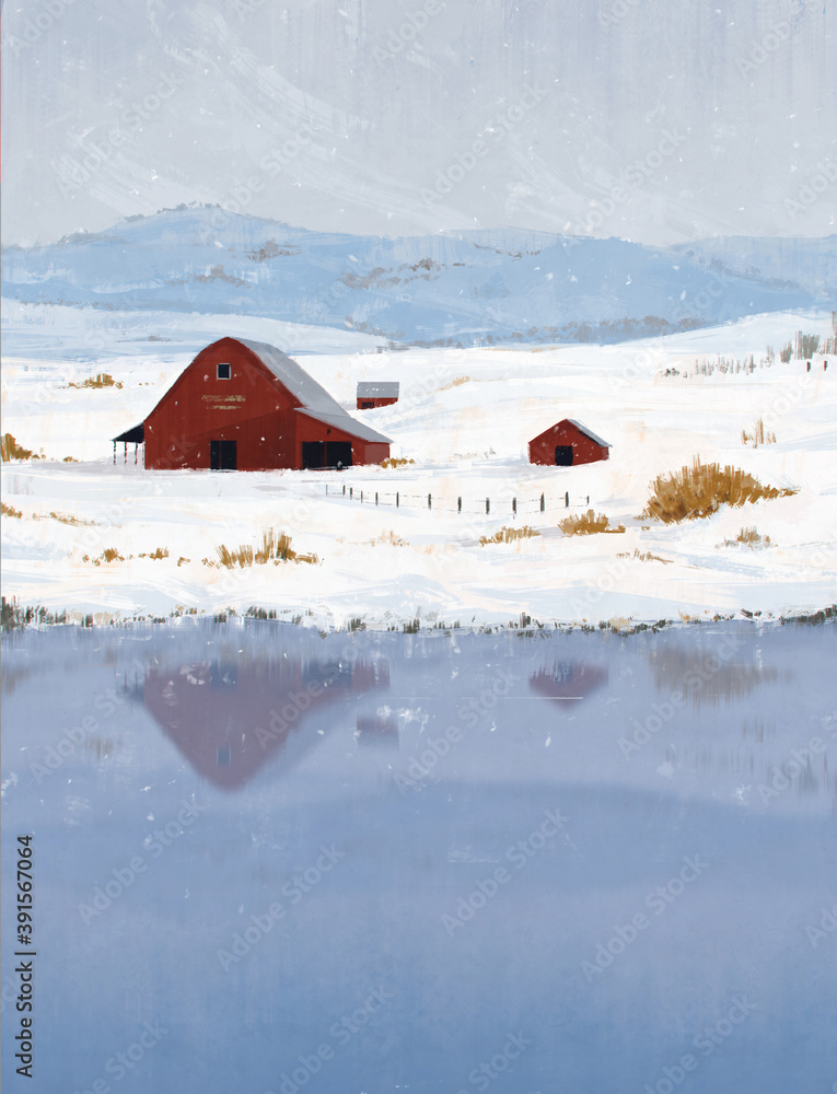 Painterly style illustration of a snowy winter landscape, a red barn ...