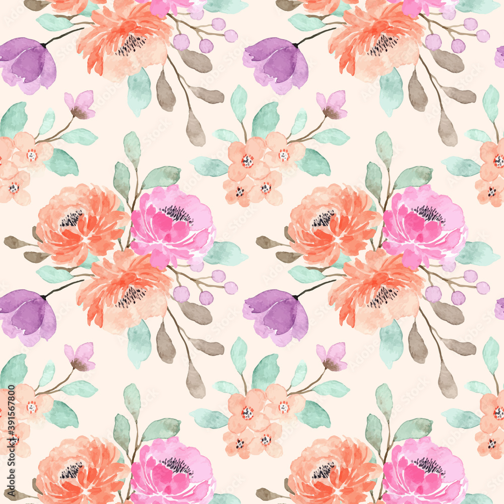 Beautiful peach floral watercolor seamless pattern