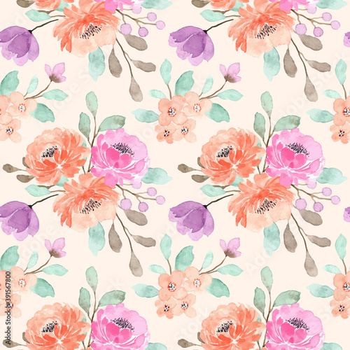 Beautiful peach floral watercolor seamless pattern