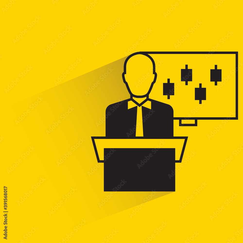 stock analyst presents on podium on yellow background stock analyst presents on podium on yellow background