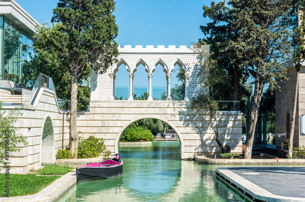 Canal and marble bridge in the Little Venice quarter of Baku, Azerbaijan.