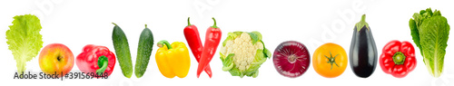Panoramic skinali of fruits and vegetables in row Isolated on white