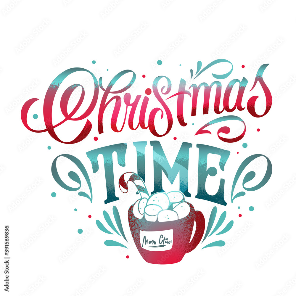 Christmas time vector text. Calligraphic Lettering design card template. Calligraphic handmade lettering.