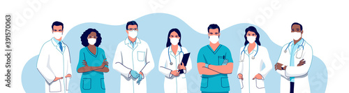 Doctors and nurses wearing a surgical face mask, male and female medical characters set. Vector illustration.