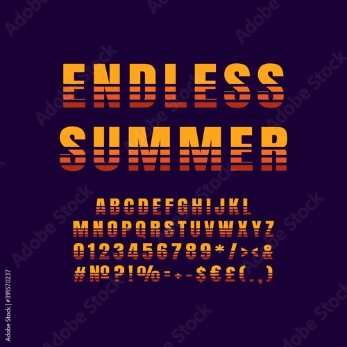 Endless summer vintage 3d vector alphabet set. Retro bold font, typeface. Pop art stylized lettering. Old school style letters, numbers, symbols pack. 90s, 80s creative typeset design template