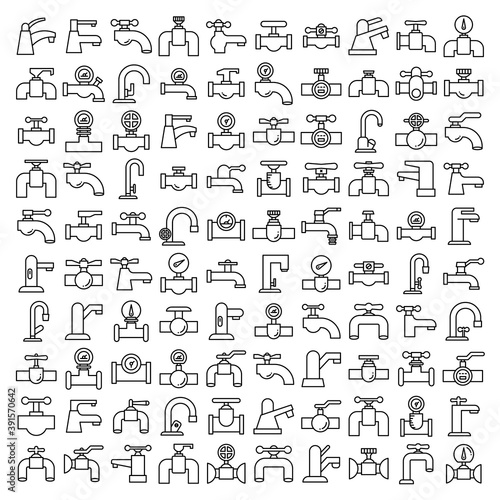 big set of industrial valve, faucet and hydrant line icons vector
