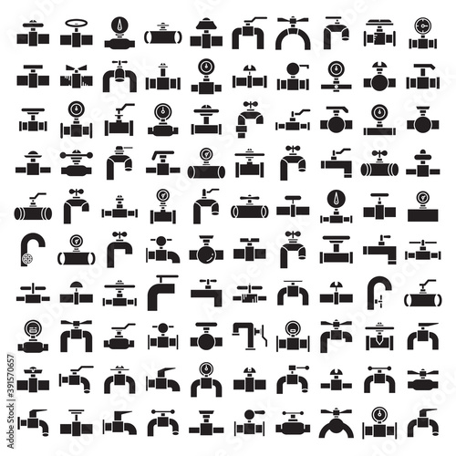 big set of industrial valve, faucet and hydrant  glyph icons vector