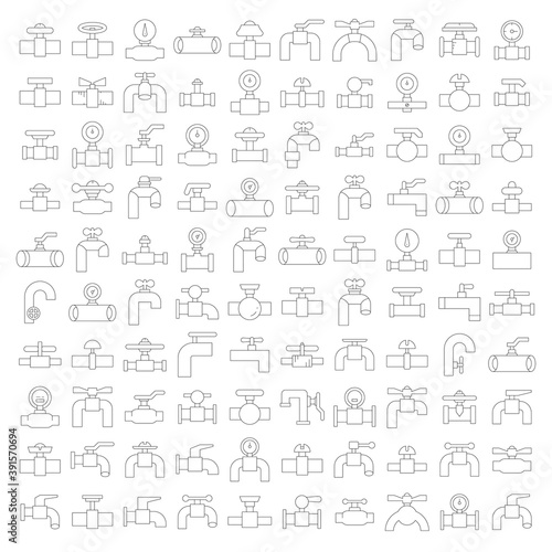 big set of water tap valve and gauge icons thin line design