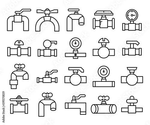 valve, faucet and hydrant pipe line icons line design