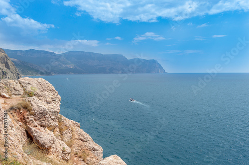 Beautiful sea view from the mountain in good sunny weather in summer. Crimea  Black Sea  Balaclava Bay