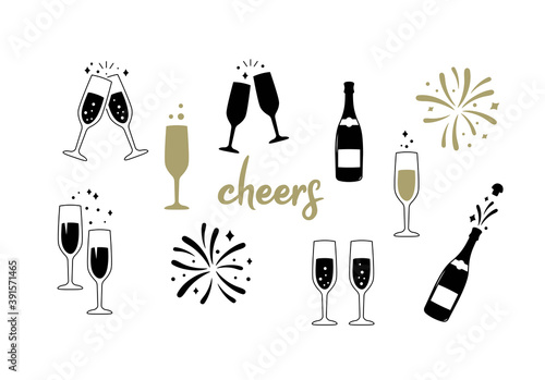 Champagne glass and bottle. Celebration party. Cheers. Vector
