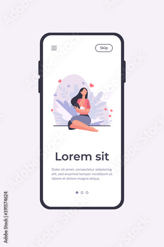 New mother feeding baby with breast. Young woman holding little child in arms. Vector illustration for breastfeeding, health, baby food, motherhood, care concept