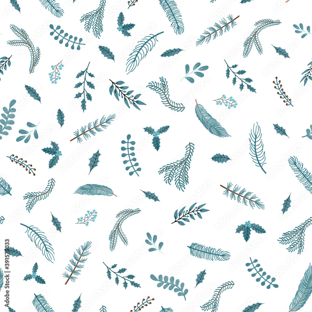 Fototapeta premium Vector modern seamless pattern with colorful hand draw illustration of Christmas plants. Use it for wallpaper, textile print, fills, web page, surface textures, wrapping paper, design of presentation