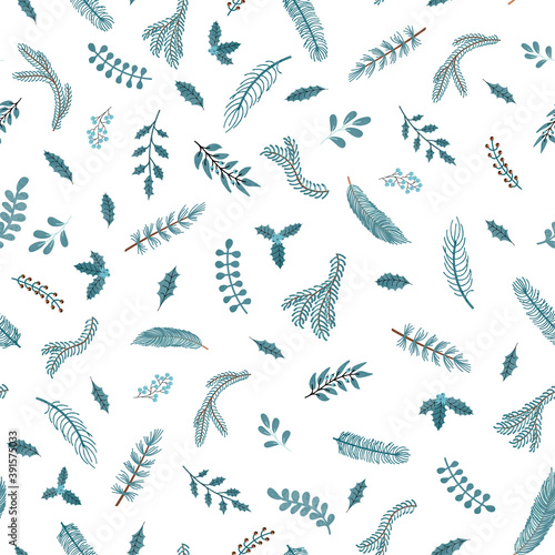 Vector modern seamless pattern with colorful hand draw illustration of Christmas plants. Use it for wallpaper, textile print, fills, web page, surface textures, wrapping paper, design of presentation