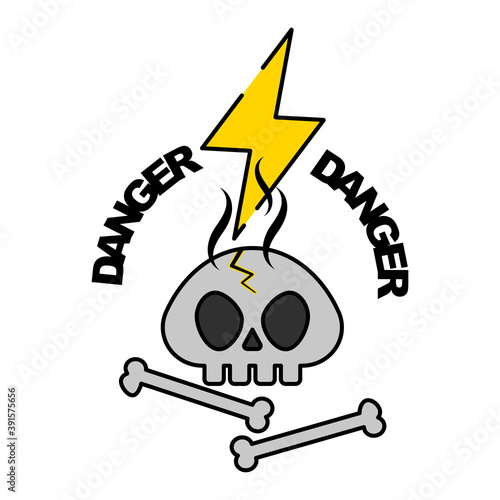 Human skull and bones with Lightning bolt sign. High electric voltage concept. Flat style illustration. Isolated on white background.  photo