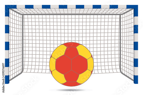 handball ball in front of goal posts with net isolated on a white background