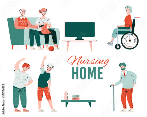 Nursing home advertising banner template with senior and disabled people cartoon characters, flat vector illustration. Nursing home residents getting care and help.