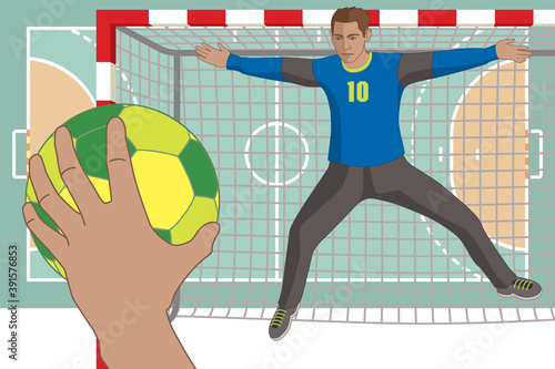 handball goalkeeper, male, in front of goal posts jumping up to stop ball with court in background