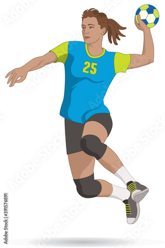 handball player, female, throwing ball isolated on a white background