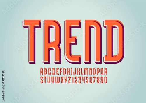 Orange font, alphabet sans serif, abstract condensed trendy letters and numbers with shift, vector illustration 10EPS