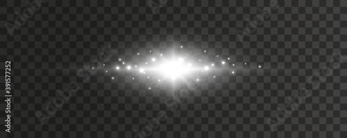 Flare light effect isolated on transparent background. White flash lense rays and sparks. Glow magic star beams burst with sparkles